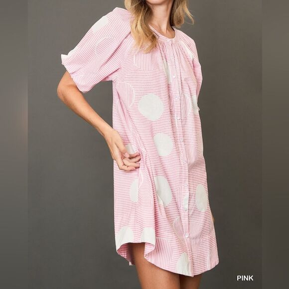 Umgee USA Umgee Stripe and Dot Print Button Down Puff Sleeve Mini Dress Lg - Picture 5 of 9